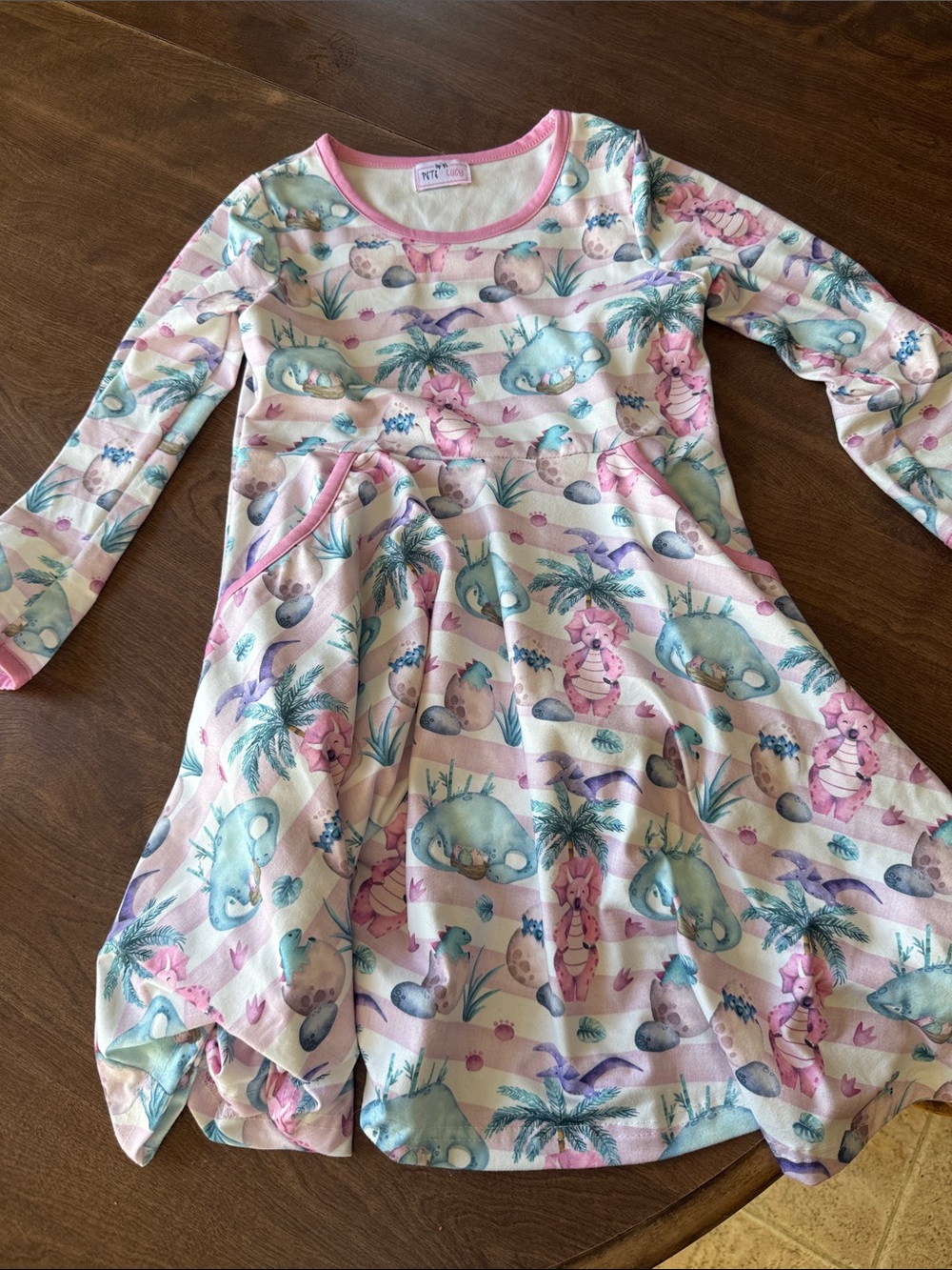 Kids Pink & Aqua Dino Print Long Sleeve Dress